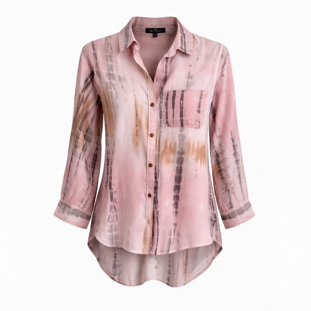 Pink Tie Dye Button Down Blouse Hi-Low Rayon M Velvet Heart